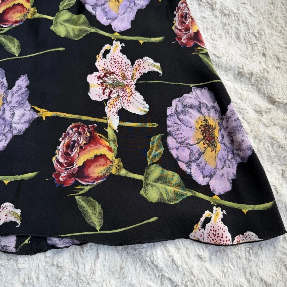 Nicole Miller Silk Floral Slip Dress Black Y2K Vintage Open Tie Back Small 4